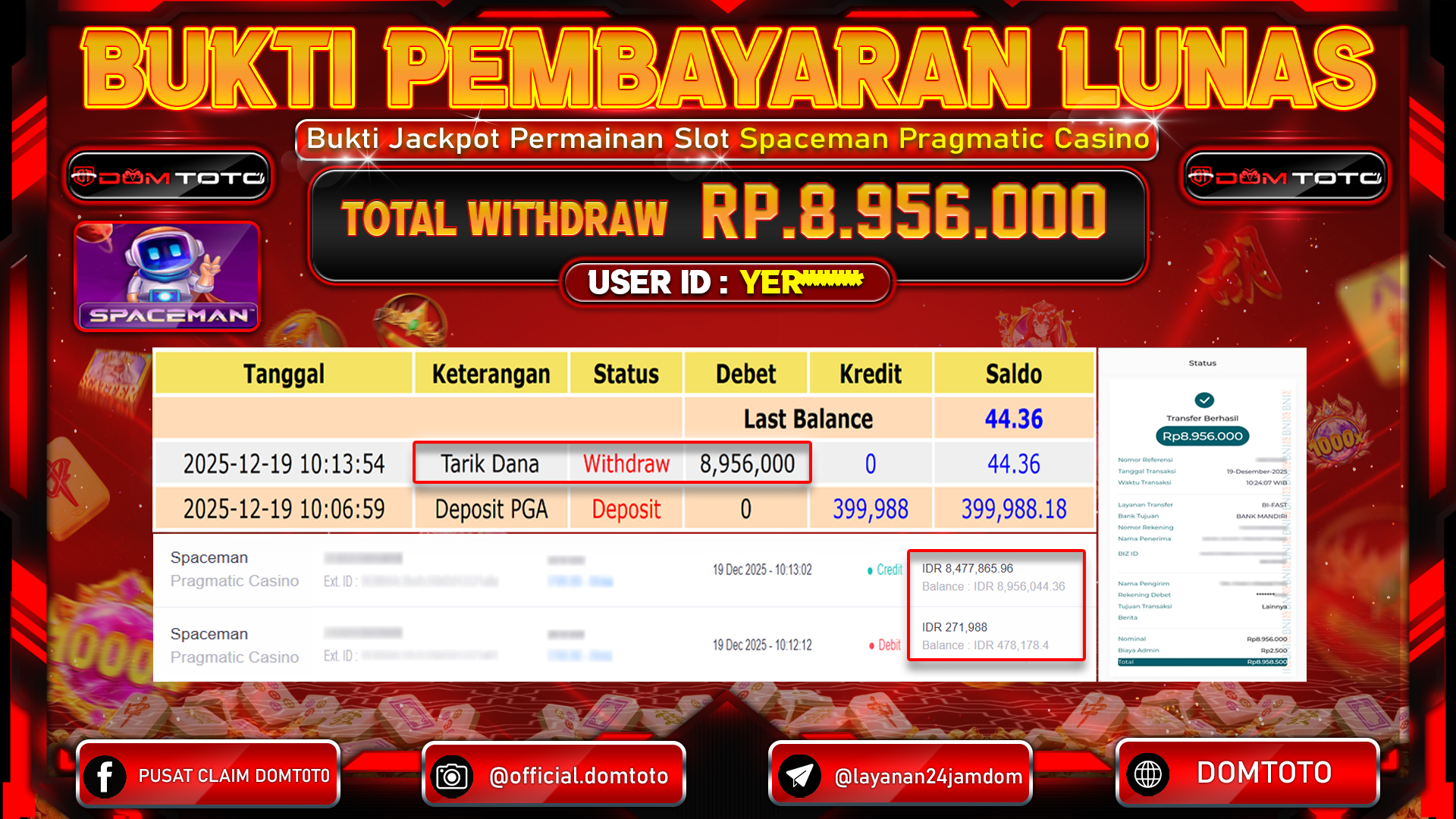 JACKPOT SLOT Spaceman Pragmatic Casino 19 DECEMBER 2025